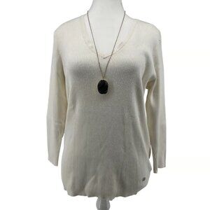 Lauren Ralph Lauren Women's Cream Ribbed V Neck Long Sleeve Sweater XL